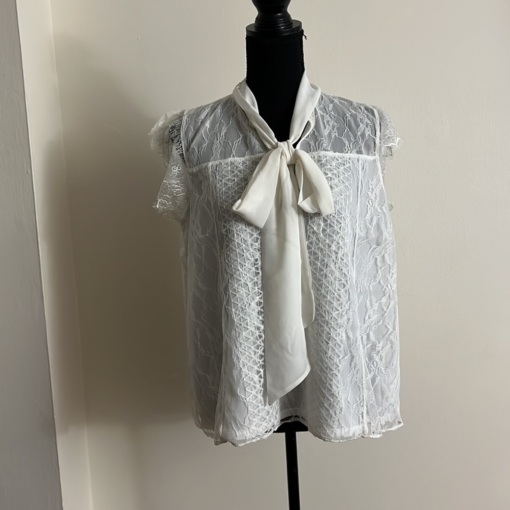 🆕EXPRESS Ivory Tie Neck Lace Top - Size: S - Picture 3 of 8